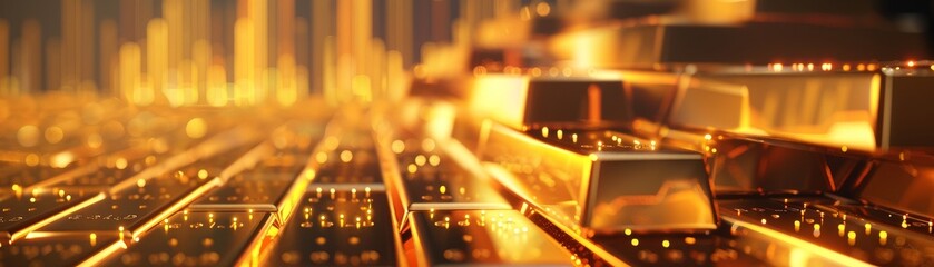 Gold bars on a table with a glowing background - obrazy, fototapety, plakaty