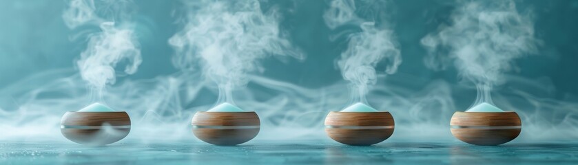 Four aroma oil burners with white smoke on blue background.