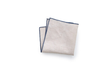 Flat lay with grey linen kitchen napkin isolated on white background. Folded cloth for mockup