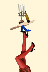 Vertical photo collage of woman sexy legs hold heels straw hat bottle wine candlestick alcohol beverage isolated on painted background