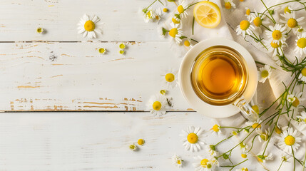 Chamomile herbal tea with flower buds honey and lemon on a white wooden table and a bouquet of chamomile Useful herbal soothing drinks and natural healer concept Immunity teaClose up C : Generative AI