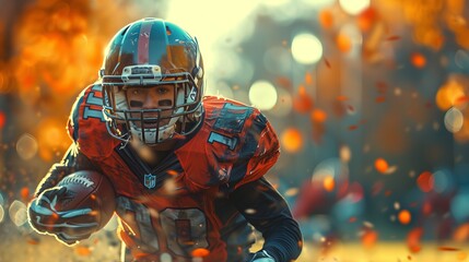 A football player running with a ball wearing sports gear - obrazy, fototapety, plakaty