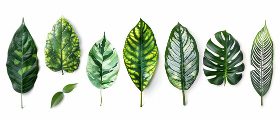 Lush collection of tropical leaves, a study of greenery with rich textures and vibrant life, botanical illustration,