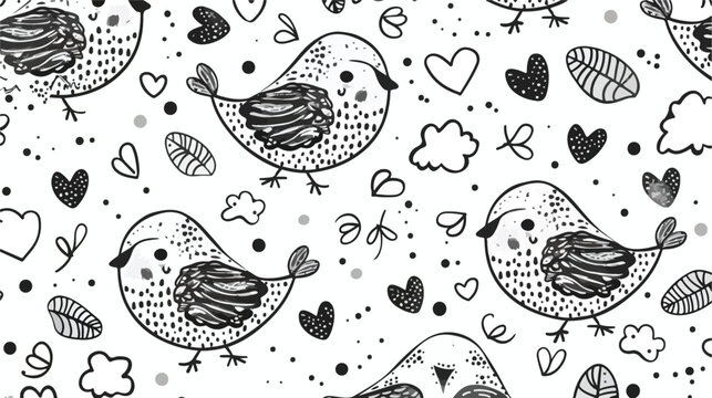 Hand drawn doodle birds. Graphic vector seamless patt