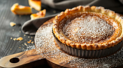 Traditional South African milk tart freshly baked and in tin Mottled grey and rustic surface with copy space : Generative AI - obrazy, fototapety, plakaty