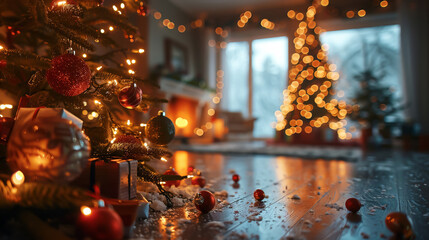 Traditional Christmas scene, warmly lit room with festive decorations, a beautifully adorned tree, family holiday spirit, soft bokeh lights - obrazy, fototapety, plakaty