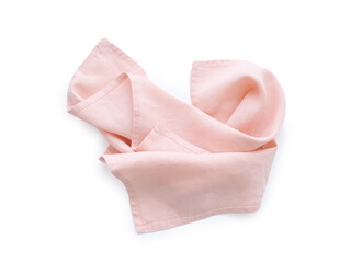 Naklejka premium Flat lay with pink linen kitchen napkin isolated on white background. Folded cloth for mockup