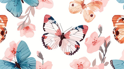 Hand drawn Four beautiful Butterflies and flowers. Co