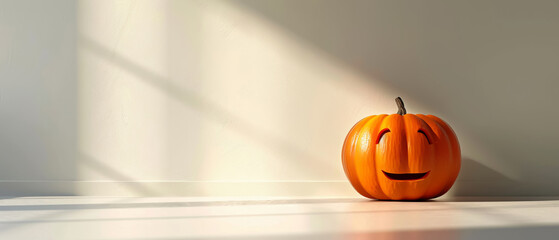 Classic Halloween pumpkin on a stark white backdrop, bright orange against a minimalist setting, a holiday theme with a modern twist