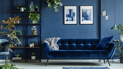 Elegant modern living room interior design with glamour blue velvet sofa pouf black metal shelf poster plants and modern home accessories Dark blue wall Template Copy space : Generative AI