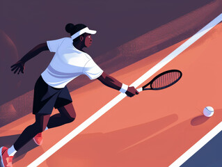 Illustration of a female tennis player reaching for a tennis ball during a match. - obrazy, fototapety, plakaty