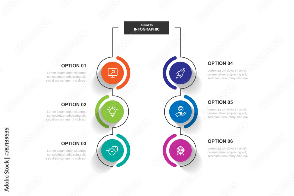 Aufkleber Design template infographic vector element with 6 step line connected suitable for workflow, timeline infograph, presentation, business information and graphic design more 