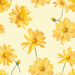 Fototapeta na wymiar Vibrant Vector Illustration: Little Daisies on Light Yellow Background - Seamless Pattern