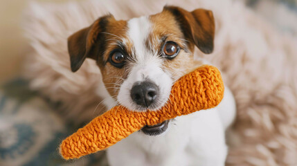 Playful Jack Russell Terrier Dog Inviting Owner with Knit Carrot Toy - Funny and Charming!