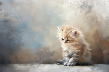 A delicate kitten sits thoughtfully, enveloped by artful strokes and splashes - obrazy, fototapety, plakaty