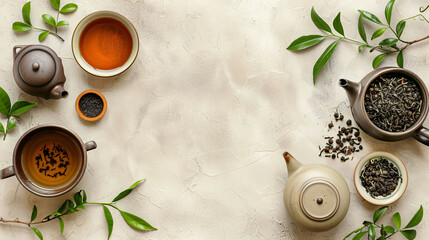 Flatlay Tea Delight: Aesthetic Teapot, Tea Leaves, and Cups on Beige and Grey Backgrounds