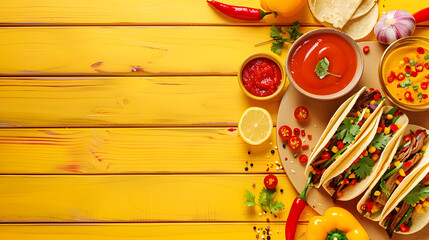 Mexican background with tacos al pastor and mexican sauces Yellow wooden background copy space top view : Generative AI