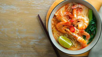 Laksa Shrimp bowl glass noodle dish top view copy space Asian Malaysian food with shrimps bok choy lime ginger and chili Most variations of laksa are prepared with spicy coconut soup : Generative AI - obrazy, fototapety, plakaty