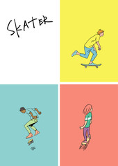 スケートボーダーたちの楽しくて元気なカラフルイラスト