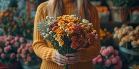 A radiant woman holds a bouquet of fresh flowers, radiating beauty and love in a vibrant floral arrangement, perfect for spring celebrations or romantic gestures. - obrazy, fototapety, plakaty