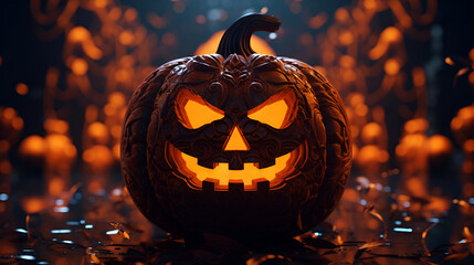 A close-up of a carved pumpkin with a spooky, toothy grin multicolor background glowing softly in the night