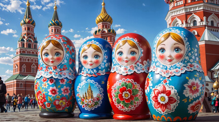Fototapeta premium Matryoshka dolls on the background of Moscow. AI