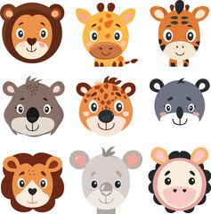 Fototapeta premium Set of avatars representing different animals. Colourful and attractive animal illustration in vectorial, isolated on white background, zoo animals