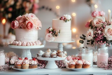 Obraz na płótnie Canvas A luxurious wedding cake decorated with delicate pink roses and cupcakes on the table enhance the festive atmosphere.