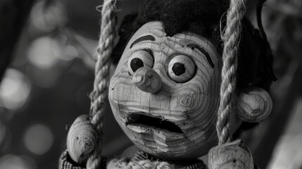 Black and white photograph of a wooden puppet escaping from captivity with a rope in hand. - obrazy, fototapety, plakaty