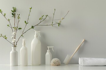 White table decorated with plantfilled vases, brushes, sponges, and flowers - obrazy, fototapety, plakaty