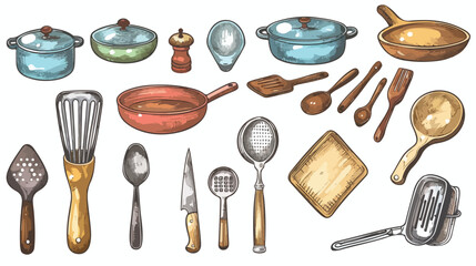 Hand drawn kitchen utensils. Colored graphic vector s