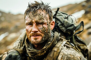 A gritty image of a muddy and determined soldier with camouflage paint on his face, set against a natural outdoor backdrop.