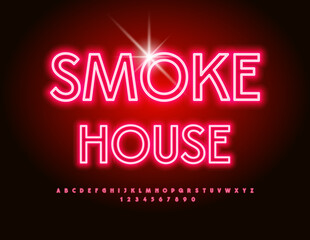 Vector neon logo Smoke House with Red illuminated Font. Bright electric Alphabet Letters and Numbers set.