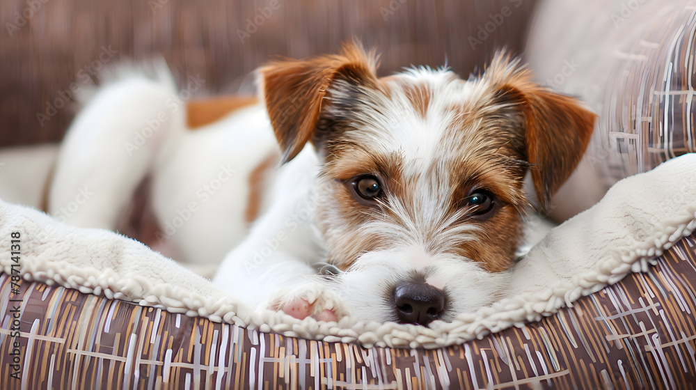 Poster wire haired jack russell terrier puppy in the dog bed looking at the camera small rough coated doggy