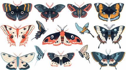 Hand drawn moth and butterflies. Colored vector set.