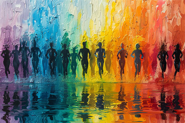 Colorful paint splashes and silhouettes of runners, colours of the rainbow, vector, vectorial - obrazy, fototapety, plakaty