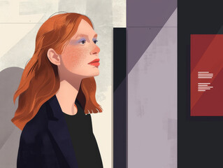 Illustration of a red-haired woman in profile against an abstract background.
