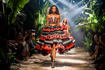 Elegant model on runway at fashion show presenting a stylish designer dress surrounded by tropical plants and audience.