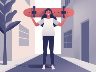 Illustration of a young woman holding a skateboard in an urban setting
