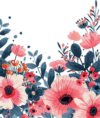 Colorful flowers motif frame, desaturated light and airy pastel color palette, white background, vector