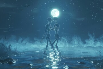 An illustration of a skeleton couple's romantic kiss by moonlit waters - obrazy, fototapety, plakaty