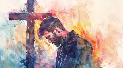 Man praying on the cross in the field. Digital watercolor painting - obrazy, fototapety, plakaty