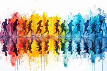 Colorful paint splashes and silhouettes of runners, colours of the rainbow, vector, vectorial