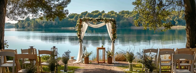 photograph capturing the serene ambiance of an outdoor wedding ceremony by the tranquil lakeside in the early morning light