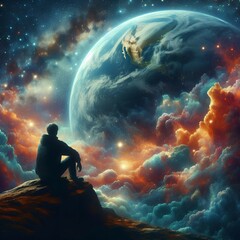 A man sitting on a rock looking at the sky with a planet in the background, sitting on the cosmic cloudscape