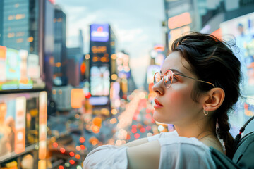 A contemplative young woman looking out over a cityscape of vibrant evening lights and bustling urban life.
