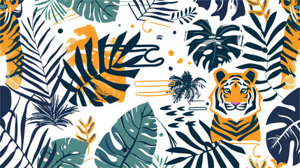 Fototapeta na wymiar Hand drawn tropical jungle leaves tiger 