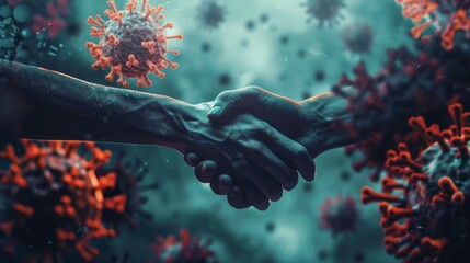 Image of a handshake between humans on a background with coronaviruses. Concept of rescuing people from global pandemic. - obrazy, fototapety, plakaty