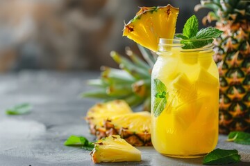 Pineapple juice in mason jar with mint leaves and slices, natural citrus liquid