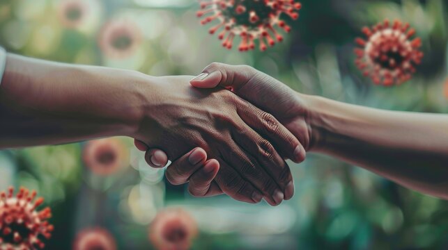 An image of a handshake between two people on a background with a Coronavirus. The image represents a rescue from a global pandemic.